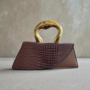 Brown snake skin small clutch with gold handle